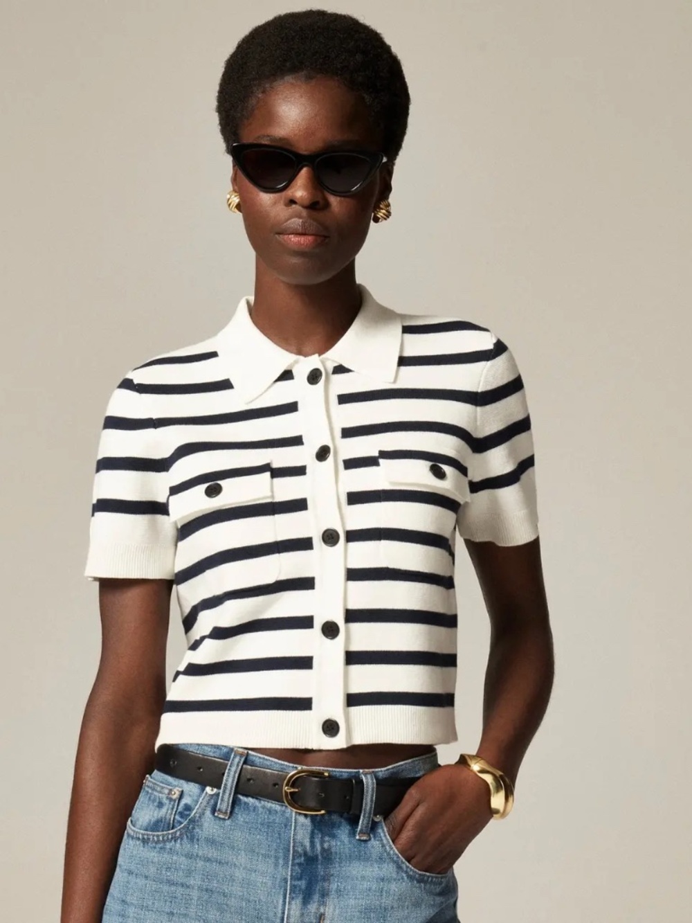 J.Crew Short-Sleeve Polo Cardigan Stripe M